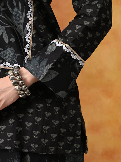 Black & Charcoal Floral Print Cotton Farshi Salwar Suit Set
