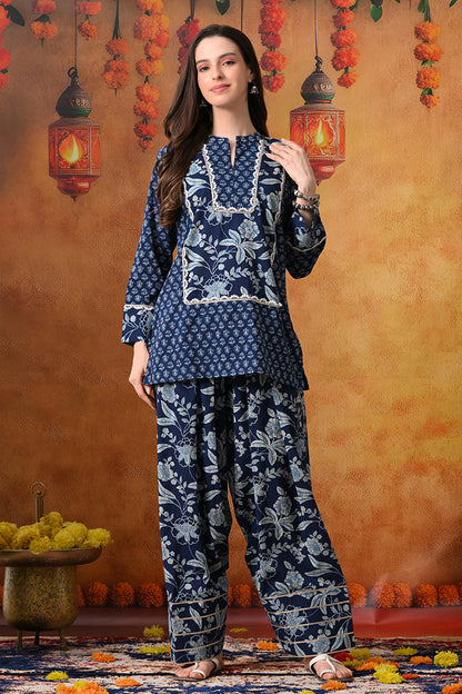 Indigo Blue Floral Print Cotton Farshi Salwar Suit Set