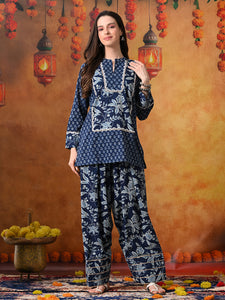 Indigo Blue Floral Print Cotton Farshi Salwar Suit Set