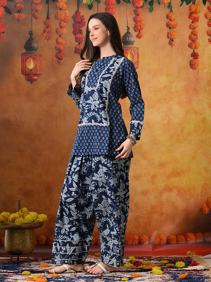 Indigo Blue Floral Print Cotton Farshi Salwar Suit Set