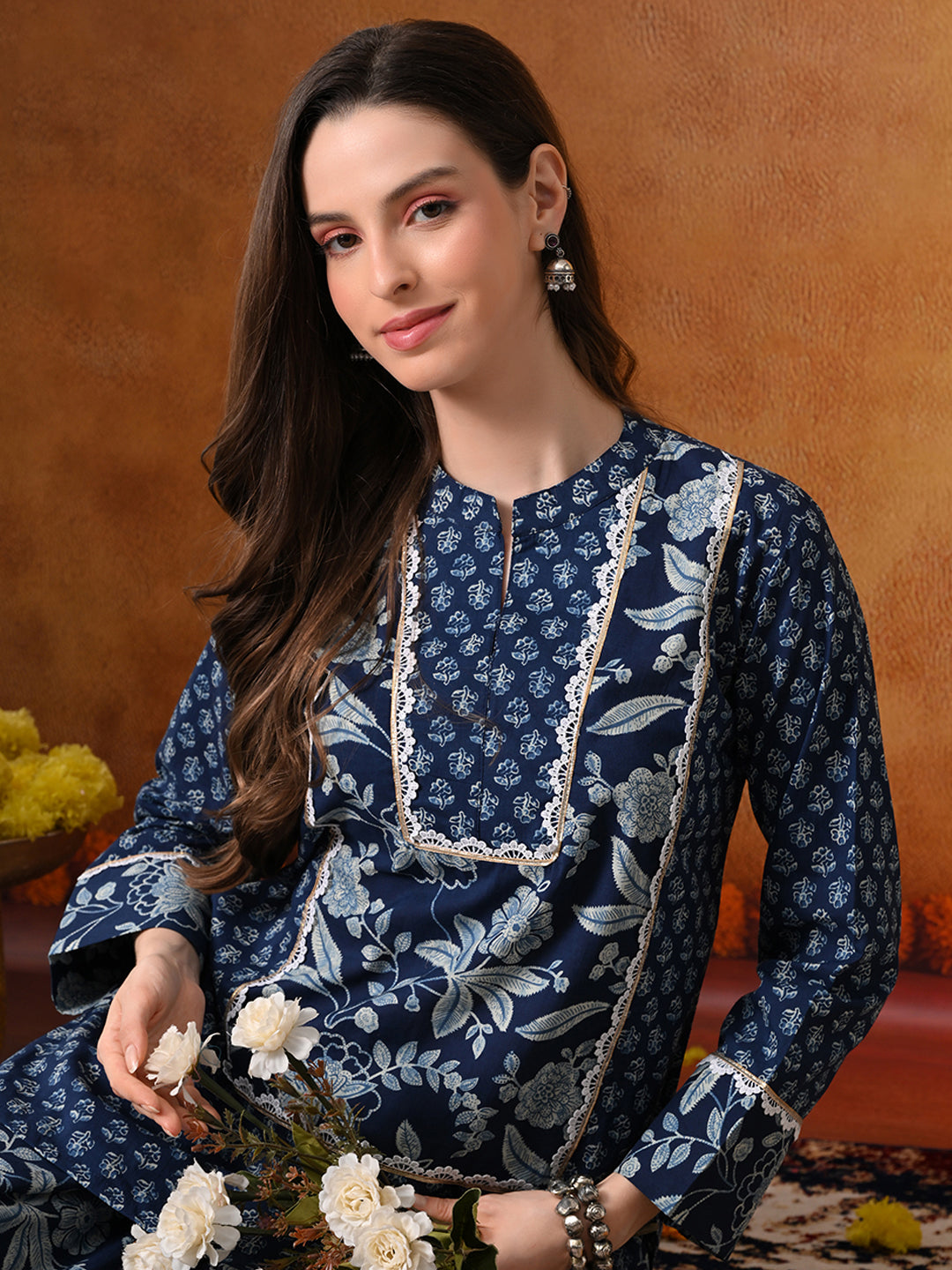 Indigo Blue Floral Print Cotton Farshi Salwar Suit Set