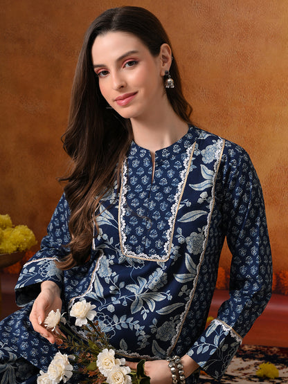 Indigo Blue Floral Print Cotton Farshi Salwar Suit Set