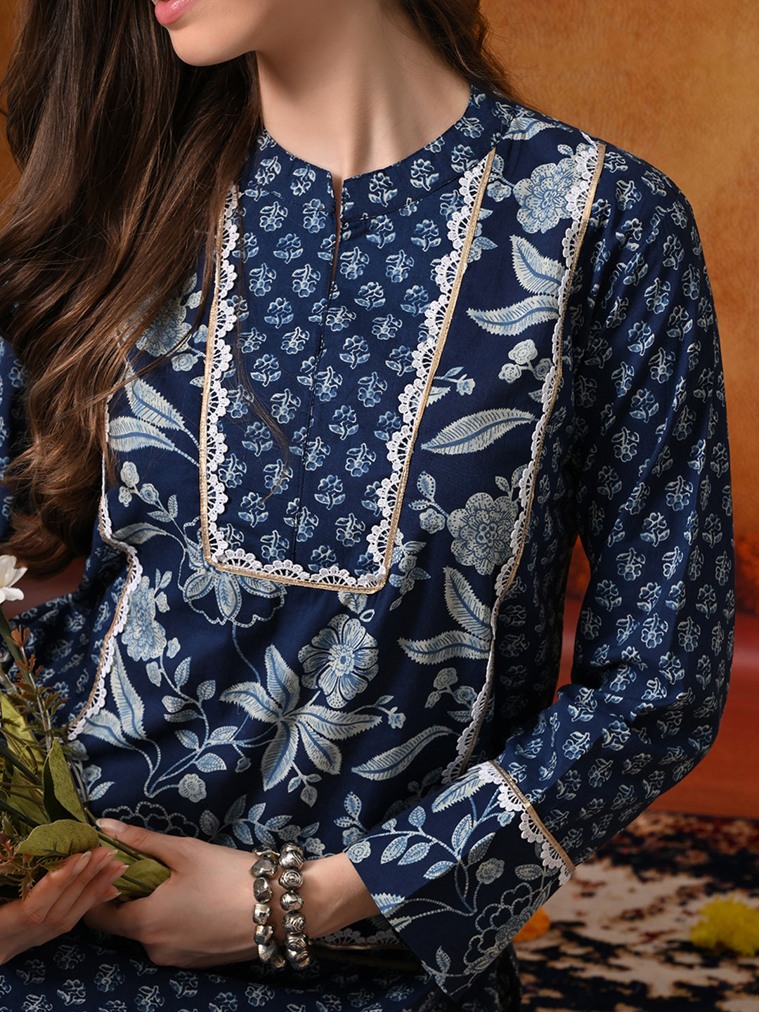Indigo Blue Floral Print Cotton Farshi Salwar Suit Set