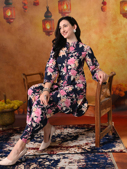 Navy & Pink Large Floral Print Cotton Co-ord Set