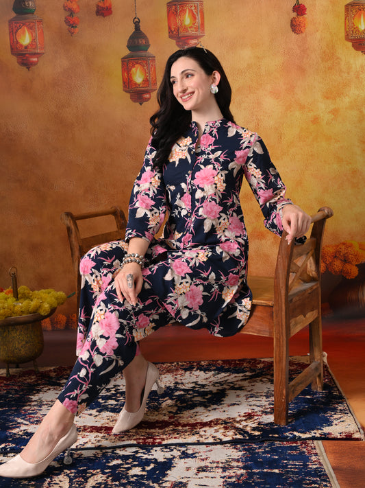 Navy & Pink Large Floral Print Cotton Co-ord Set