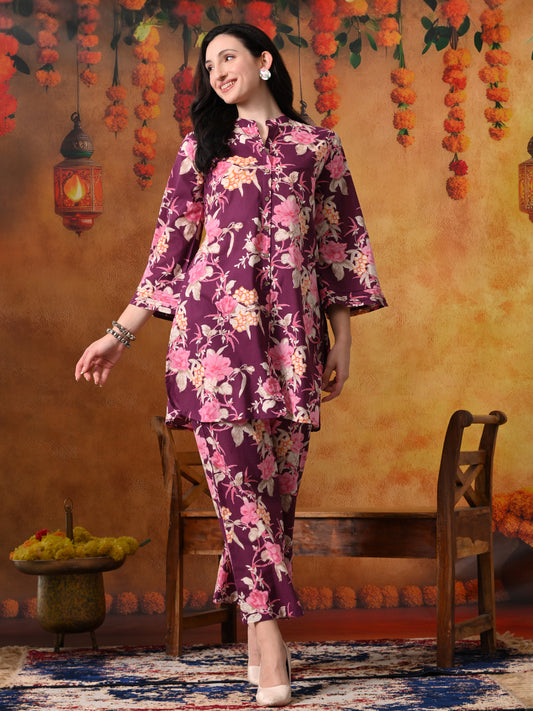 Plum & Pink Large Floral Print Cotton Co-ord Set