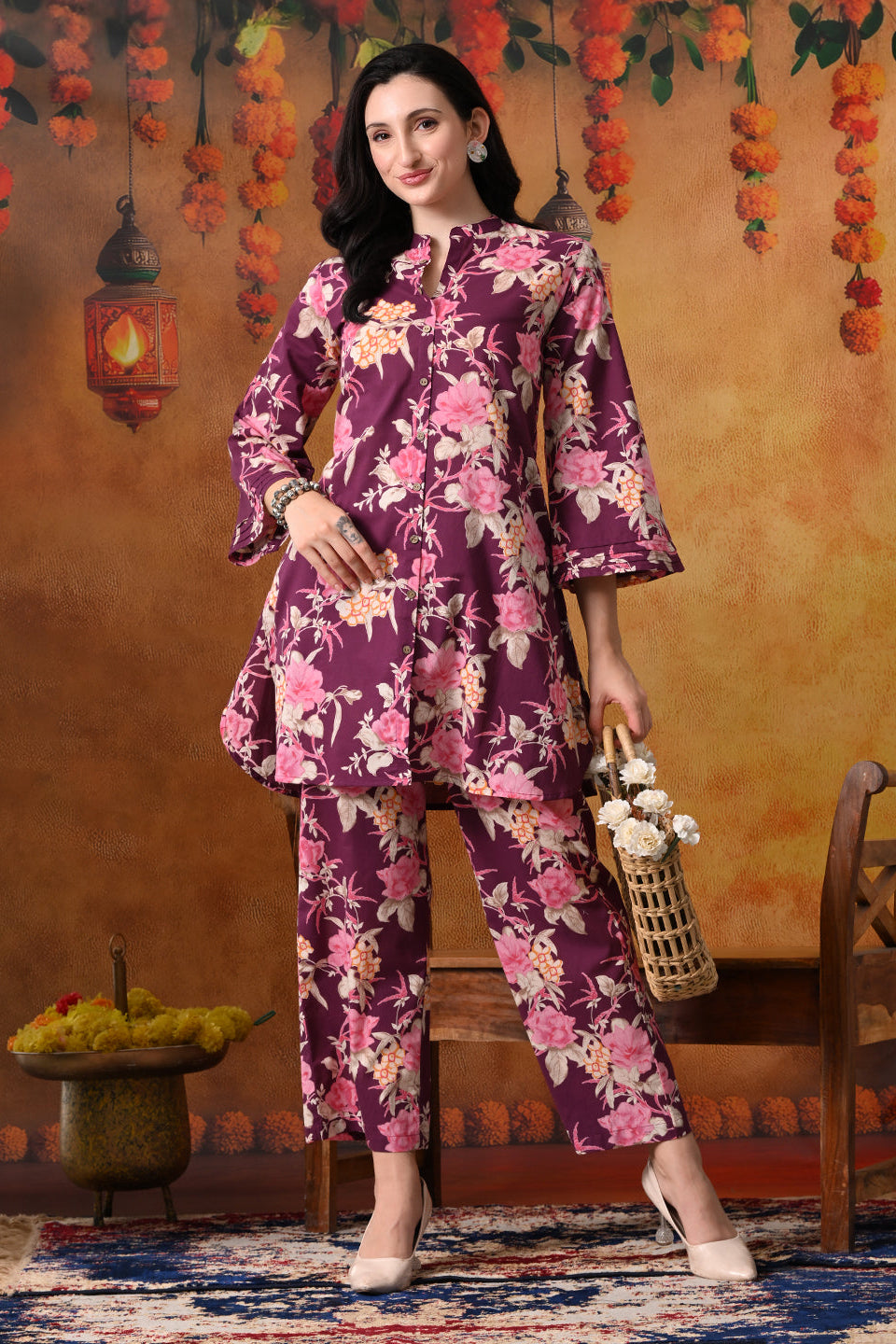 Plum & Pink Large Floral Print Cotton Co-ord Set