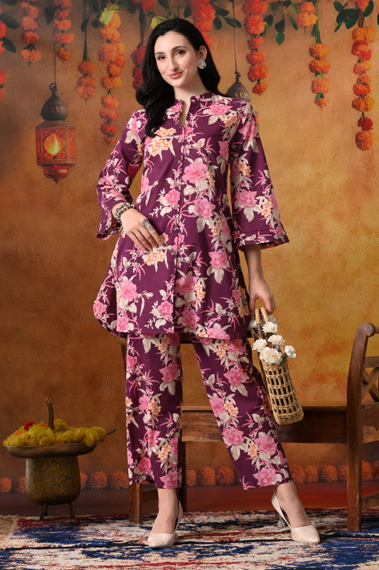 Plum & Pink Large Floral Print Cotton Co-ord Set