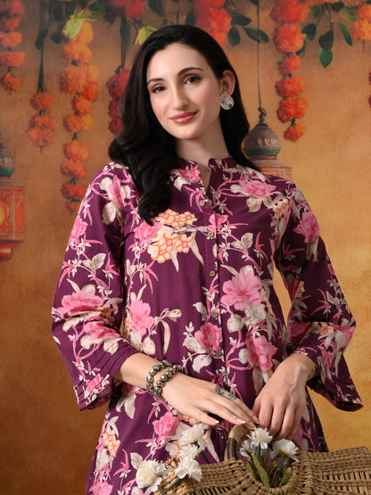 Plum & Pink Large Floral Print Cotton Co-ord Set