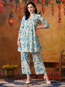 Sky Blue & Ivory Floral Cotton Tunic & Pant Set