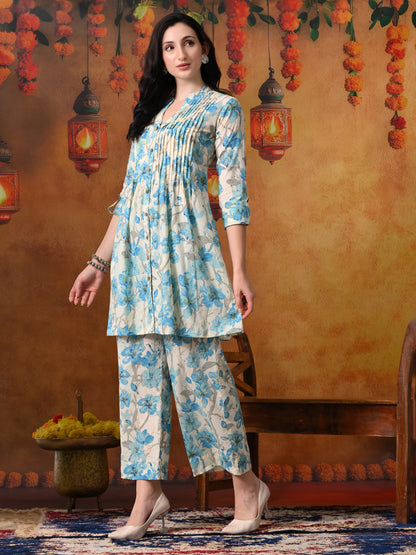 Sky Blue & Ivory Floral Cotton Tunic & Pant Set