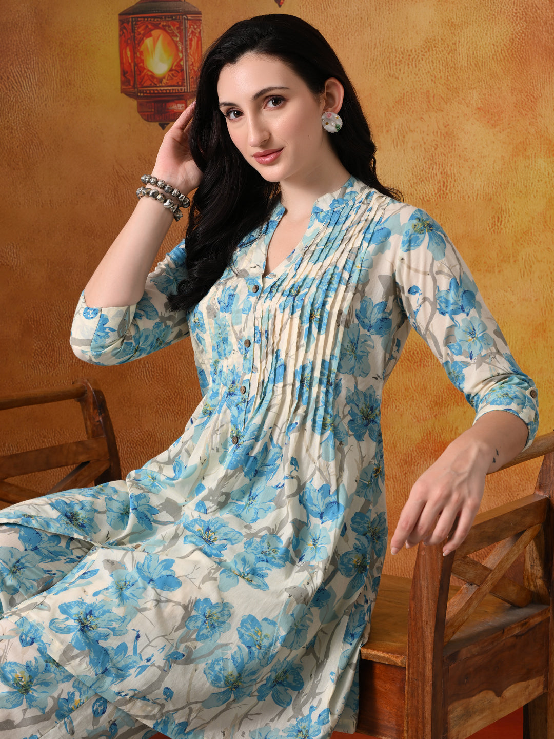 Sky Blue & Ivory Floral Cotton Tunic & Pant Set