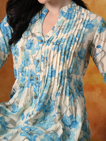 Sky Blue & Ivory Floral Cotton Tunic & Pant Set