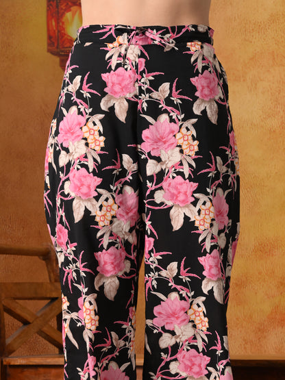 Black & Pink Floral Tunic & Pant Set