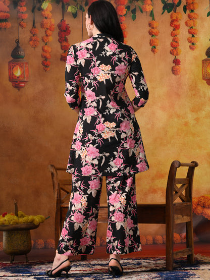 Black & Pink Floral Tunic & Pant Set
