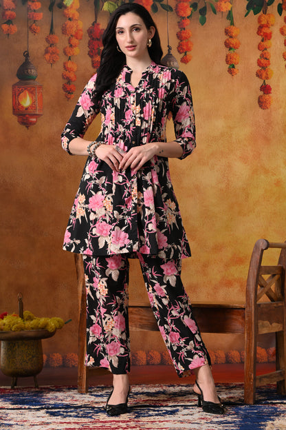 Black & Pink Floral Tunic & Pant Set