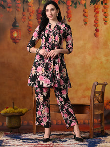 Black & Pink Floral Tunic & Pant Set