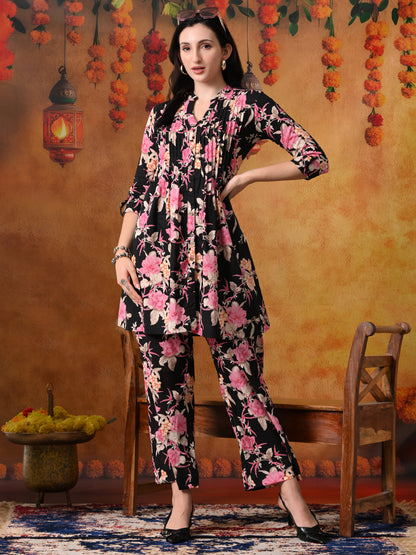 Black & Pink Floral Tunic & Pant Set
