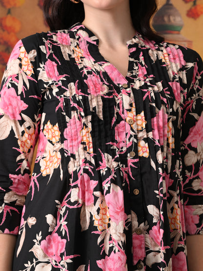 Black & Pink Floral Tunic & Pant Set