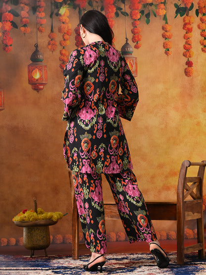 Black & Pink Abstract Floral Print Cotton Co-ord Set"