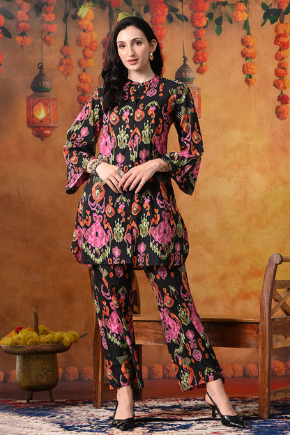 Black & Pink Abstract Floral Print Cotton Co-ord Set"