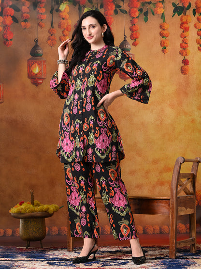 Black & Pink Abstract Floral Print Cotton Co-ord Set"
