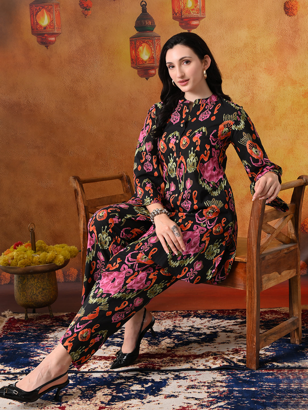 Black & Pink Abstract Floral Print Cotton Co-ord Set"