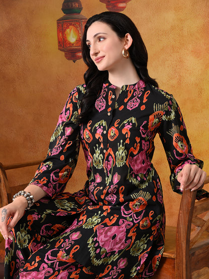 Black & Pink Abstract Floral Print Cotton Co-ord Set"