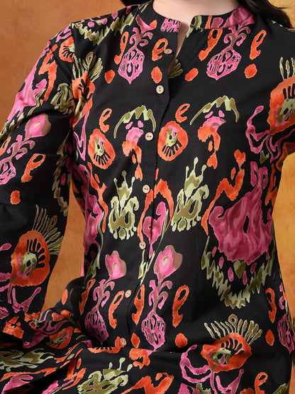 Black & Pink Abstract Floral Print Cotton Co-ord Set"