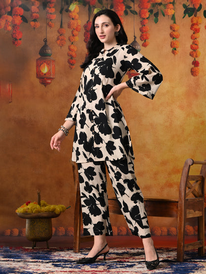 Black & Beige Bold Floral Print Cotton Co-ord Set
