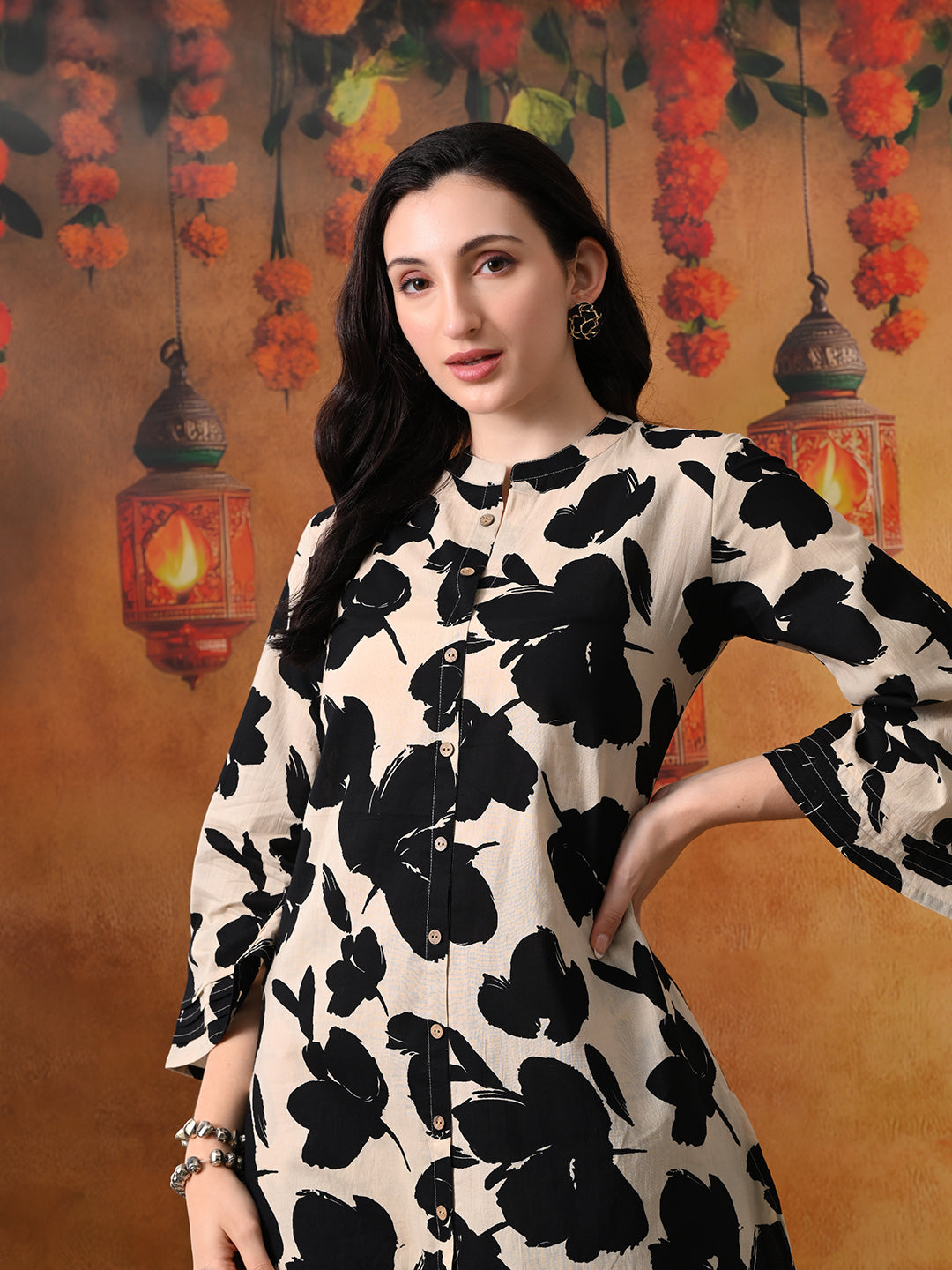 Black & Beige Bold Floral Print Cotton Co-ord Set