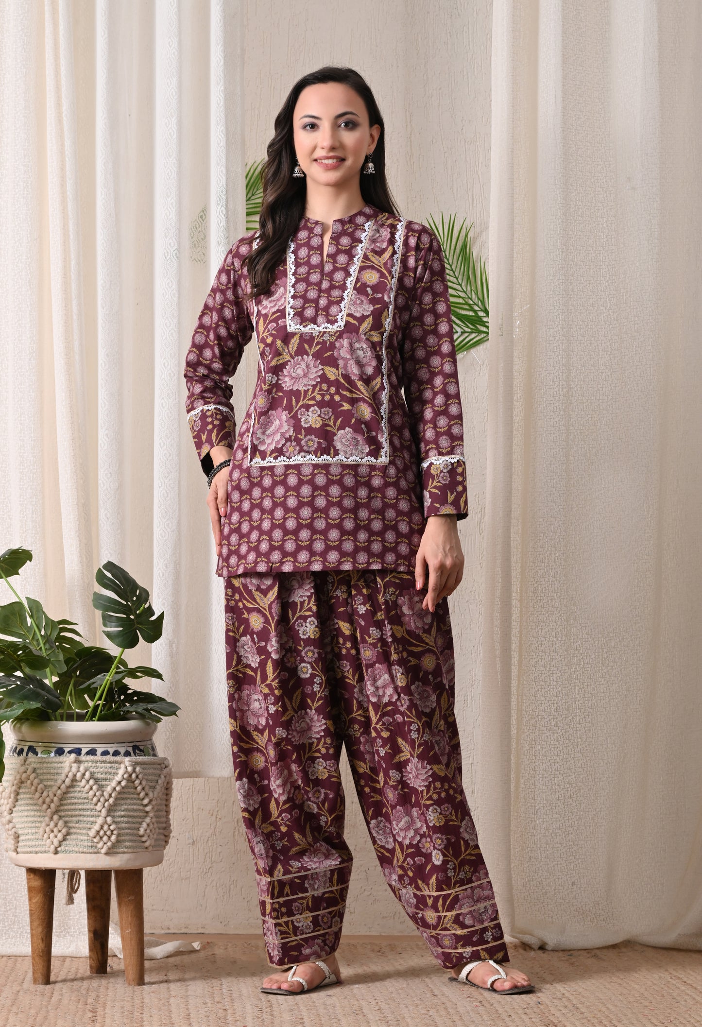 Deep Maroon & Gold Floral Block Print Farshi Salwar Set