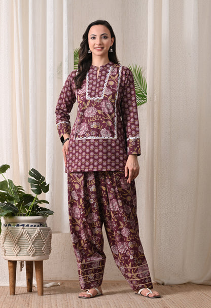 Deep Maroon & Gold Floral Block Print Farshi Salwar Set
