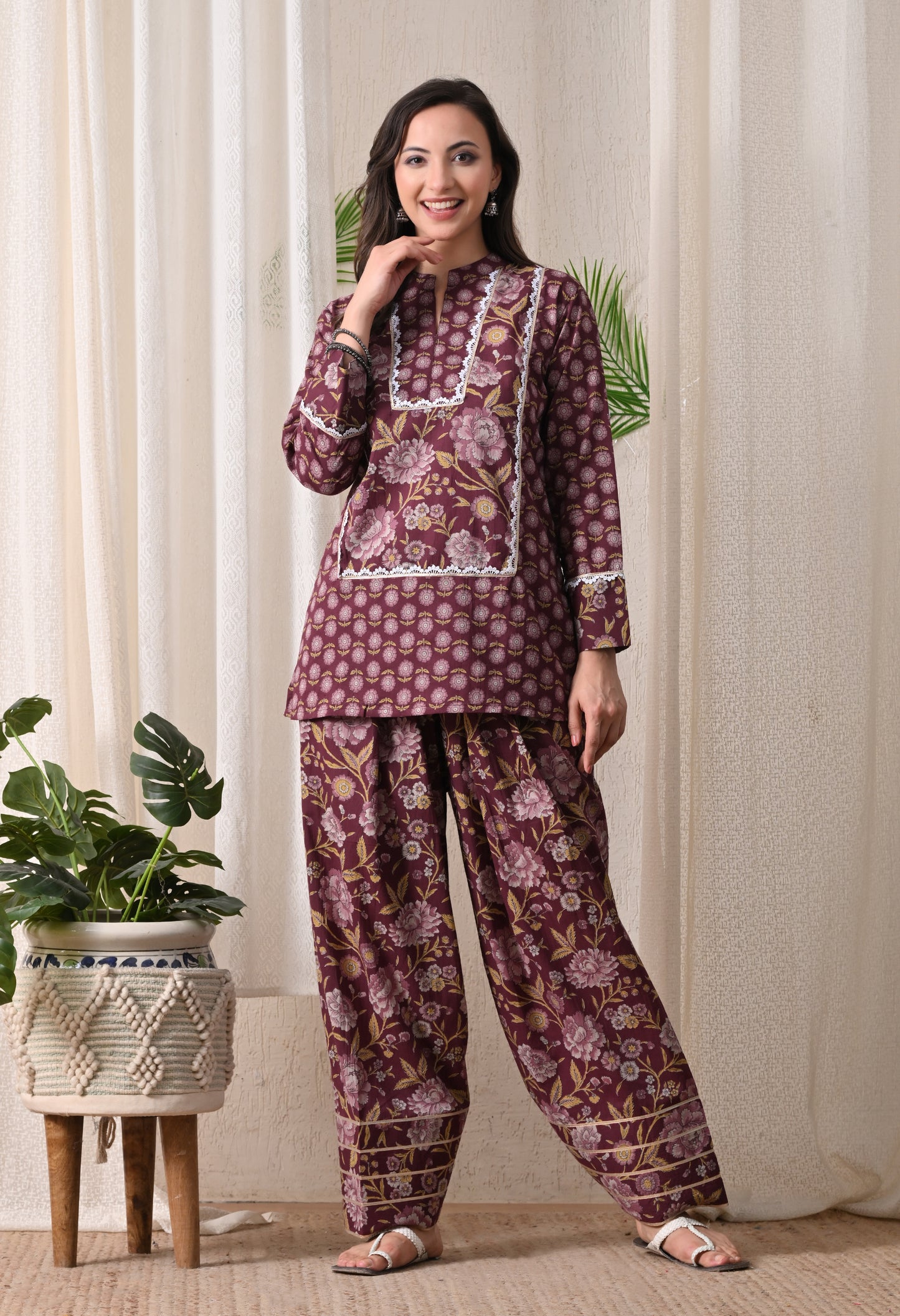 Deep Maroon & Gold Floral Block Print Farshi Salwar Set