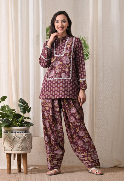 Deep Maroon & Gold Floral Block Print Farshi Salwar Set