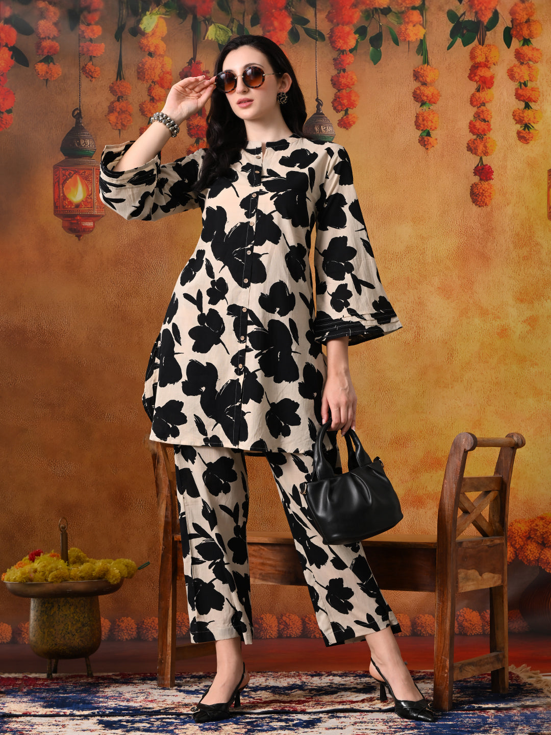 Black & Beige Bold Floral Print Cotton Co-ord Set