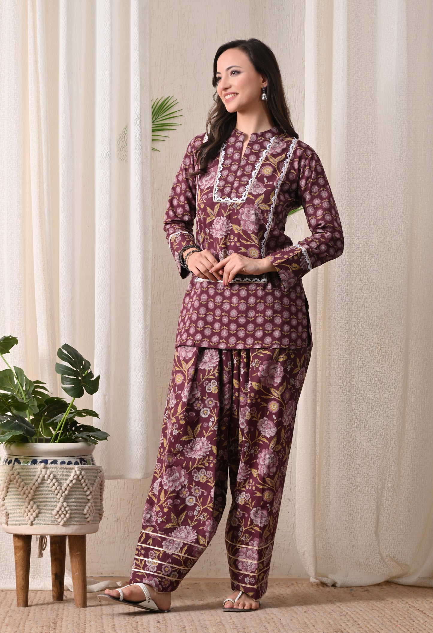 Deep Maroon & Gold Floral Block Print Farshi Salwar Set