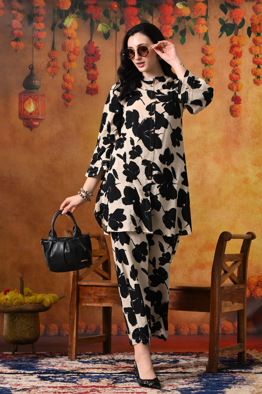 Black & Beige Bold Floral Print Cotton Co-ord Set
