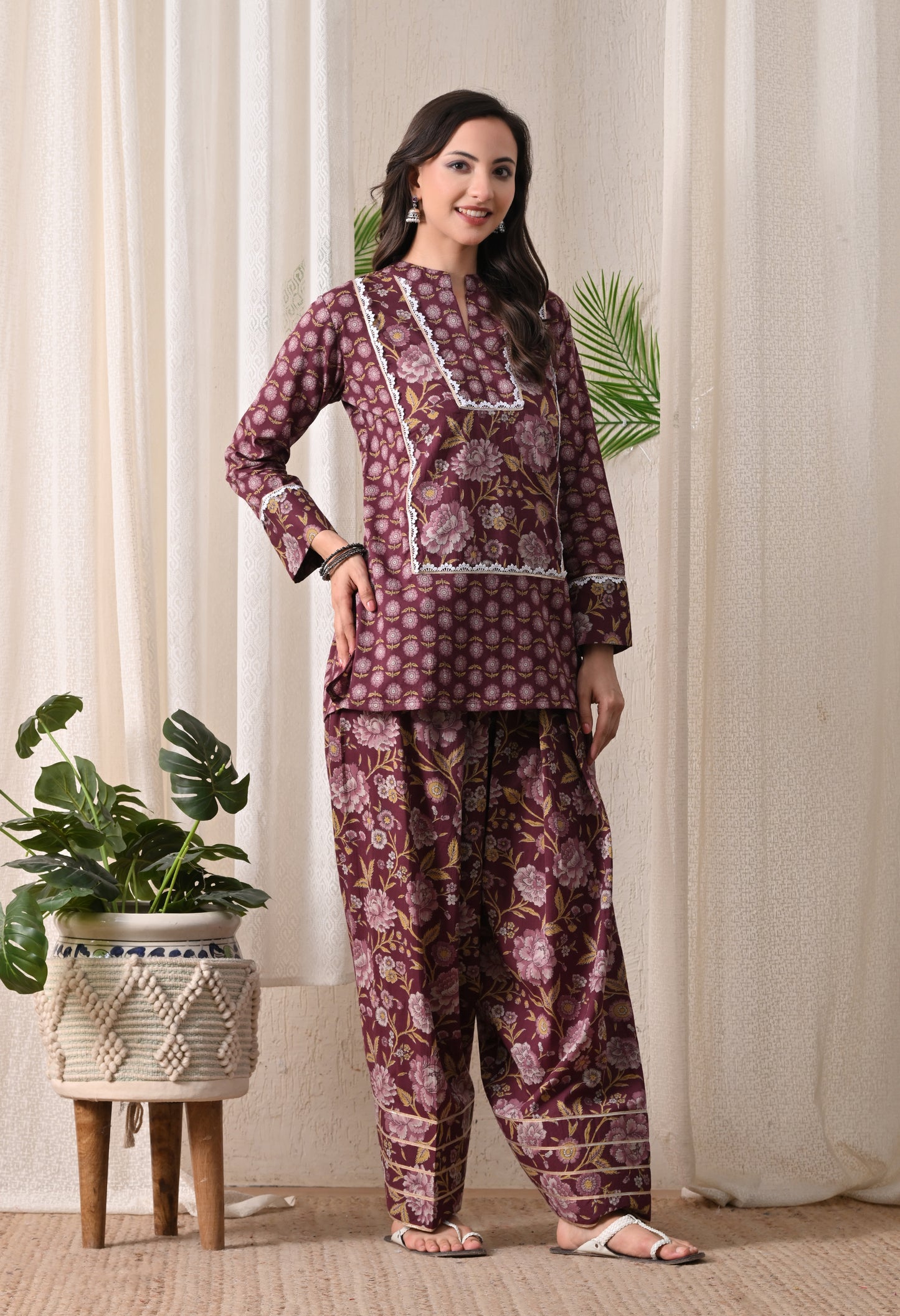 Deep Maroon & Gold Floral Block Print Farshi Salwar Set