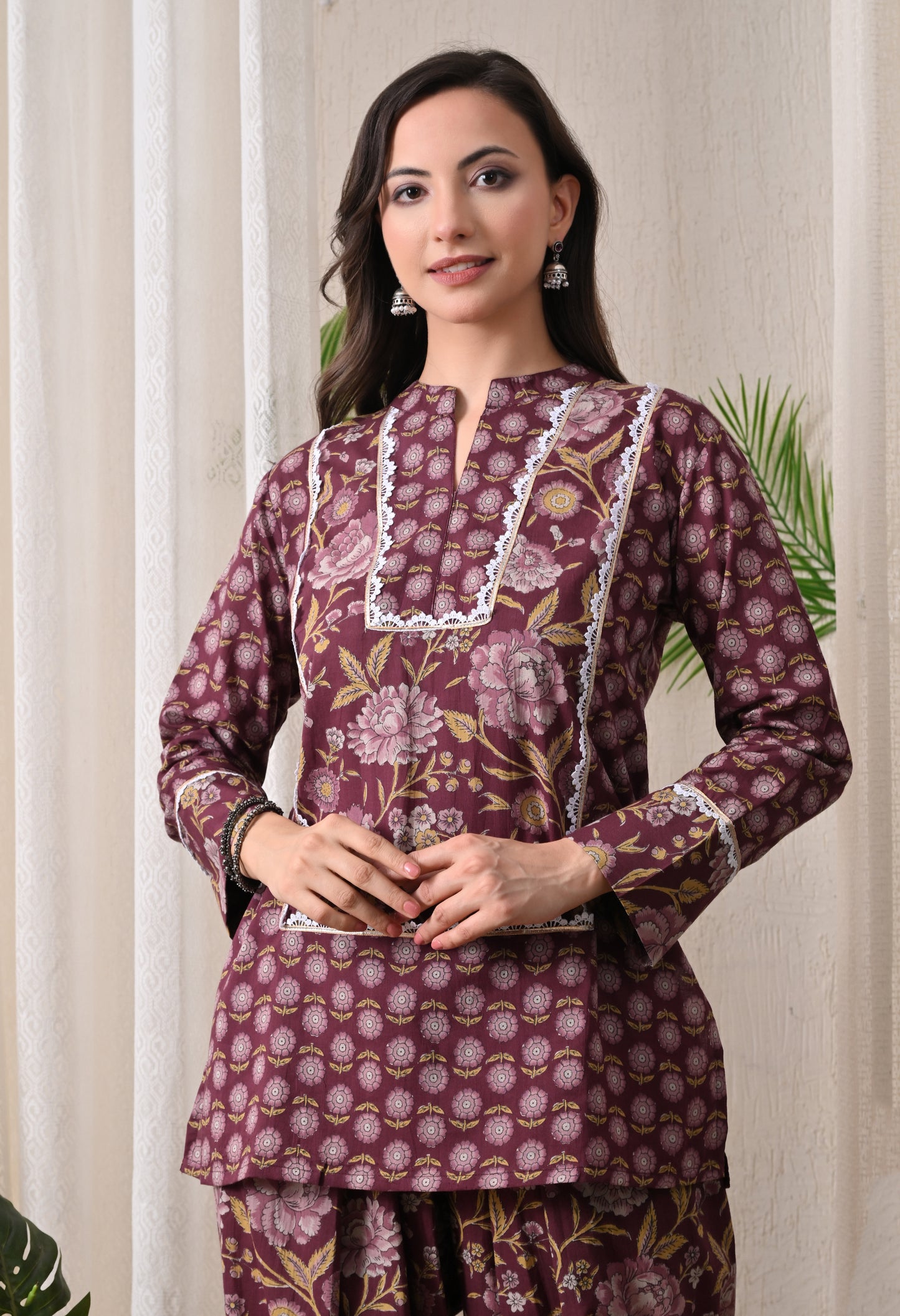 Deep Maroon & Gold Floral Block Print Farshi Salwar Set