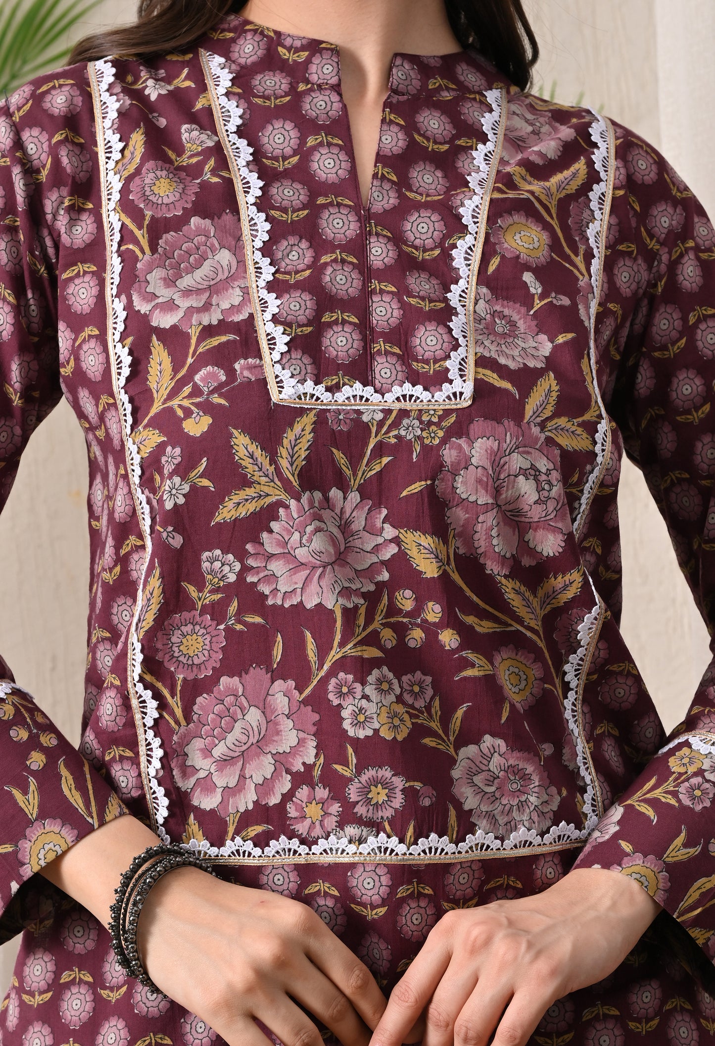 Deep Maroon & Gold Floral Block Print Farshi Salwar Set