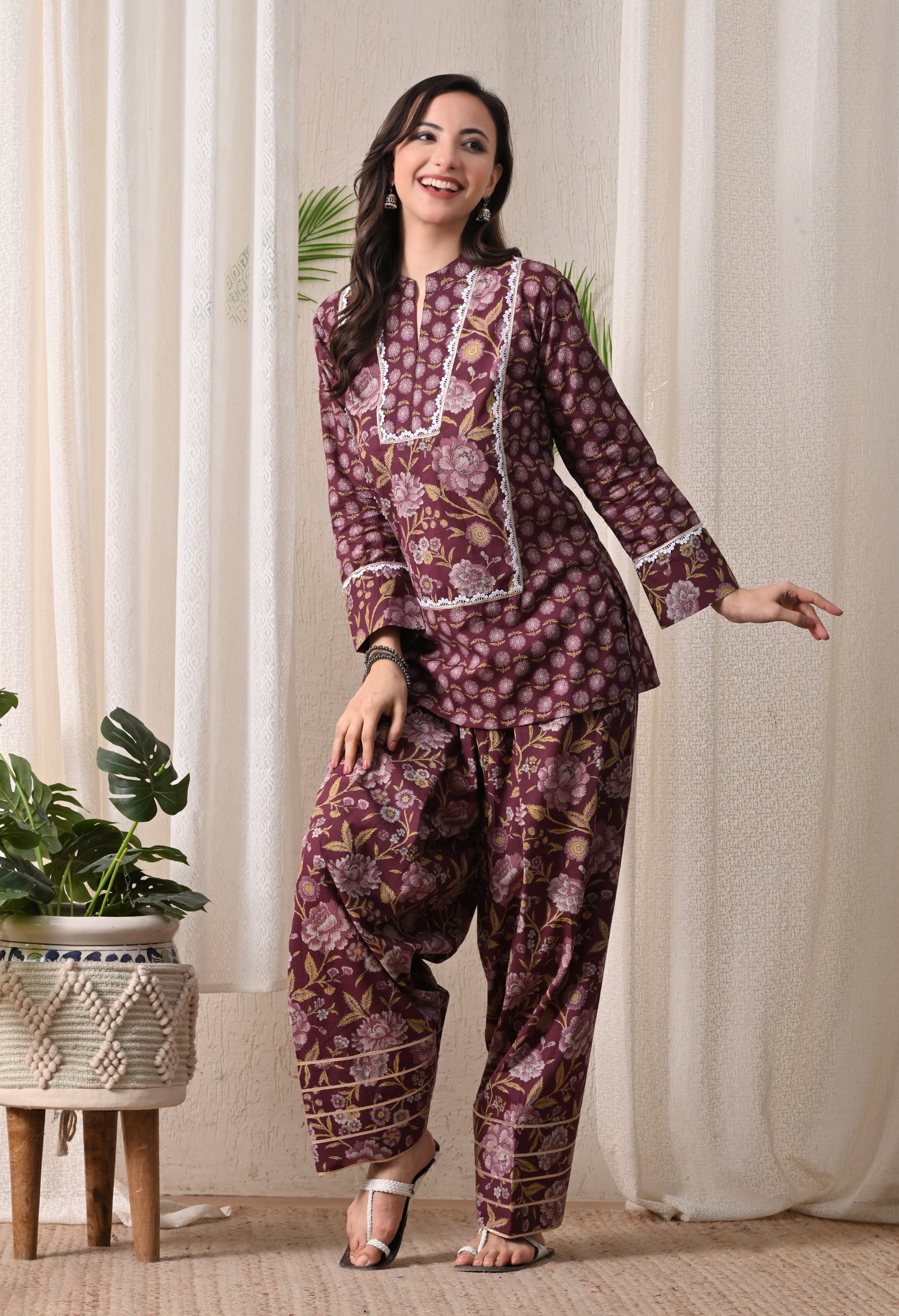 Deep Maroon & Gold Floral Block Print Farshi Salwar Set
