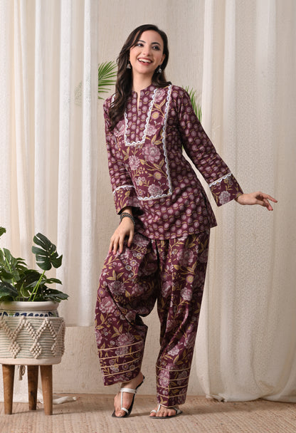 Deep Maroon & Gold Floral Block Print Farshi Salwar Set