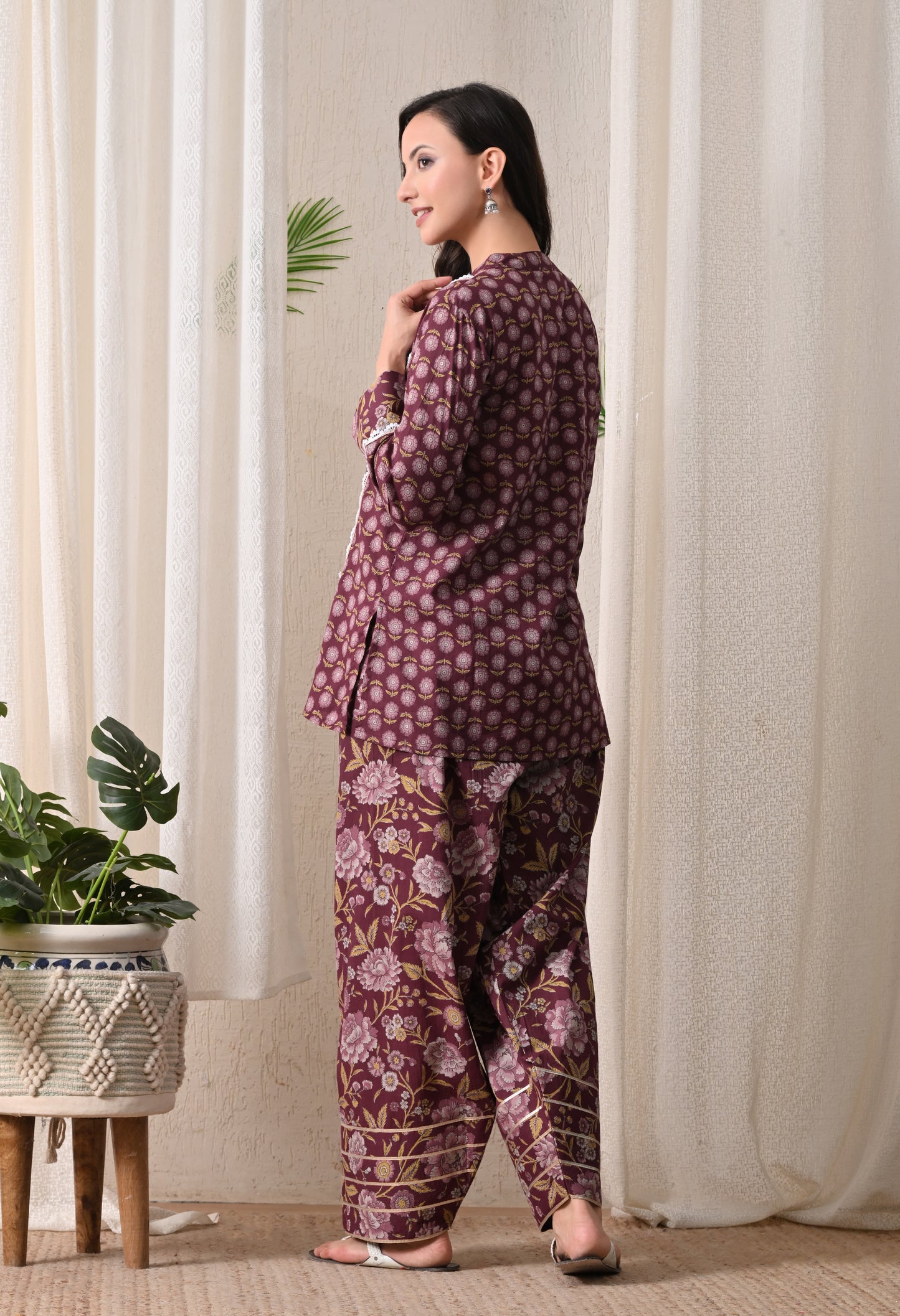 Deep Maroon & Gold Floral Block Print Farshi Salwar Set