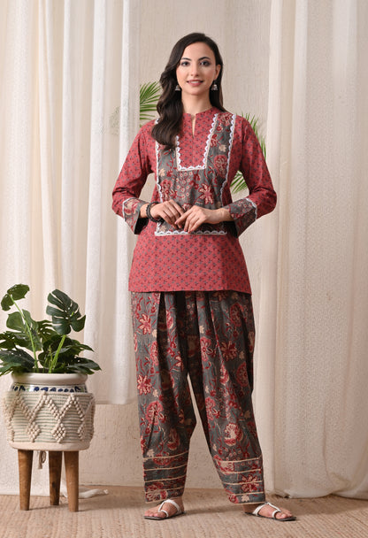 Rustic Rose & Charcoal Block Print Farshi Salwar Set