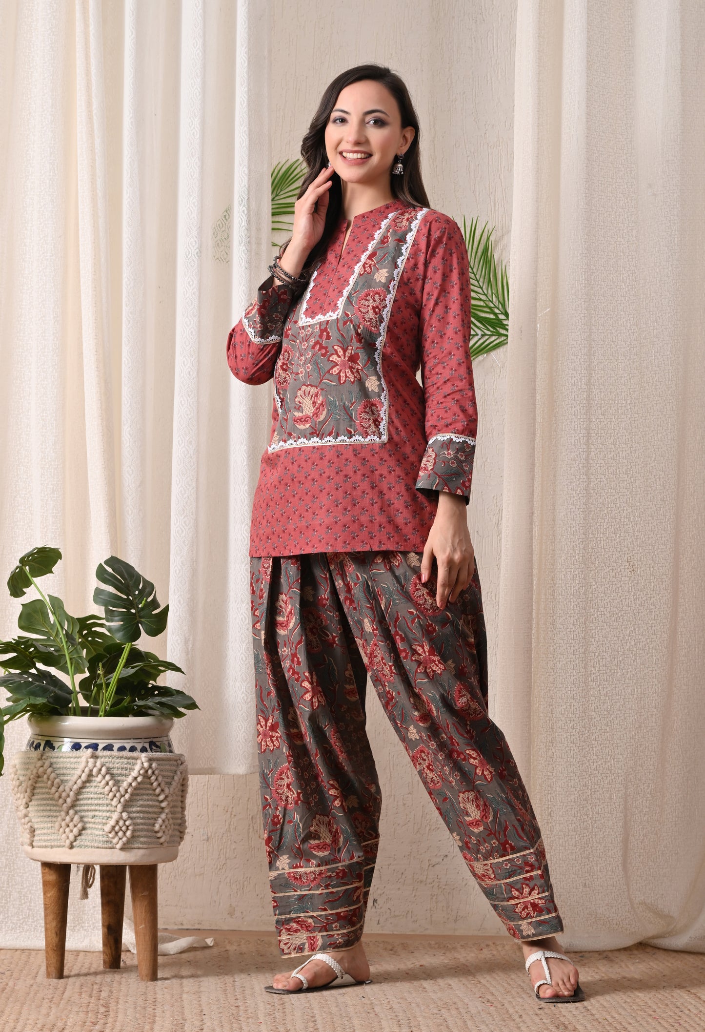 Rustic Rose & Charcoal Block Print Farshi Salwar Set