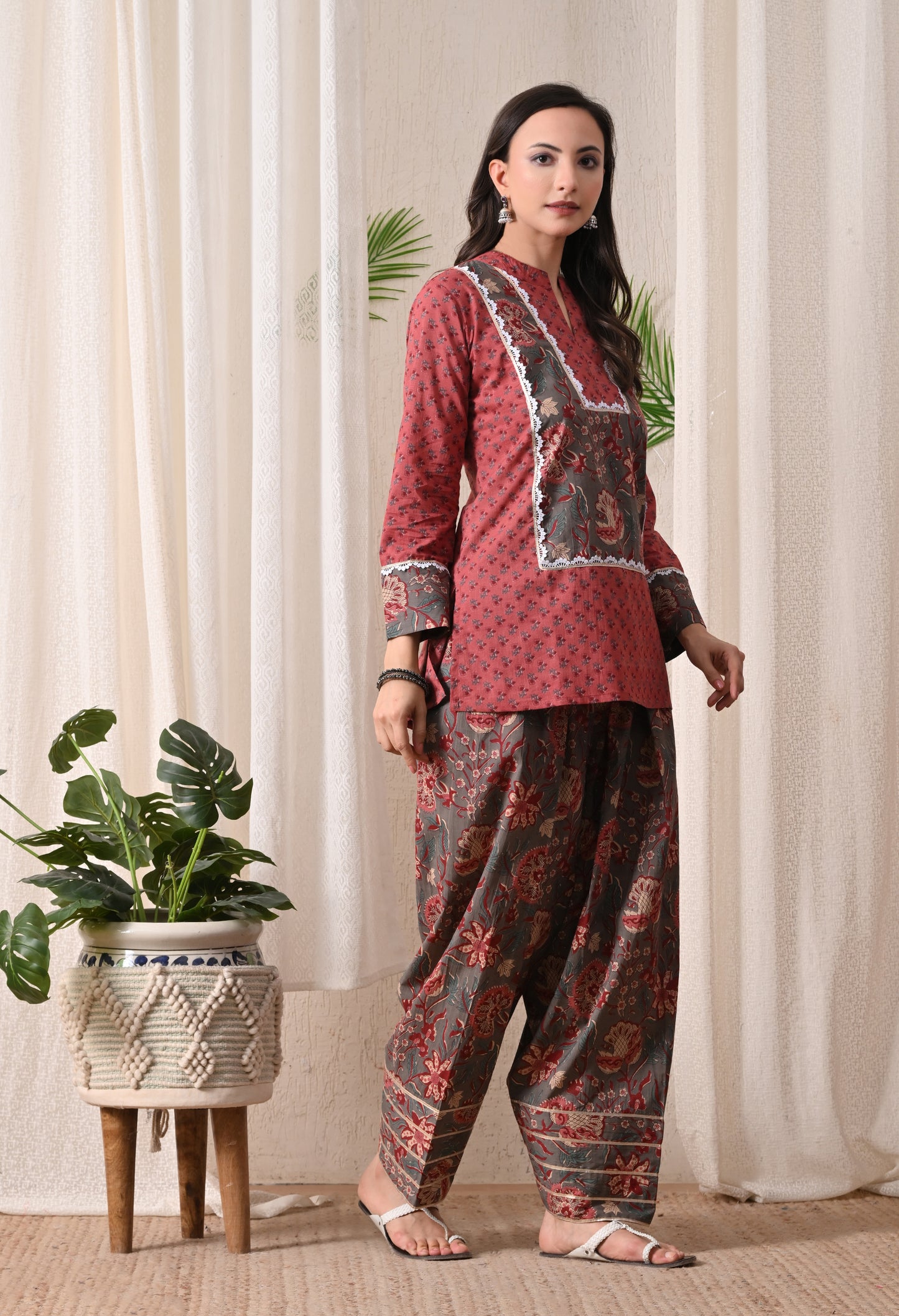 Rustic Rose & Charcoal Block Print Farshi Salwar Set