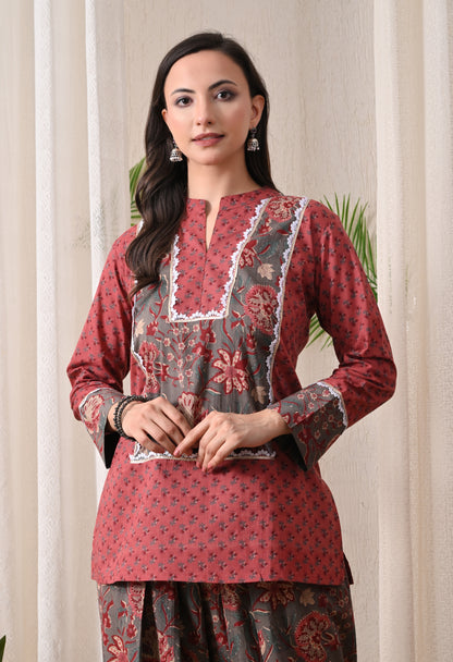 Rustic Rose & Charcoal Block Print Farshi Salwar Set