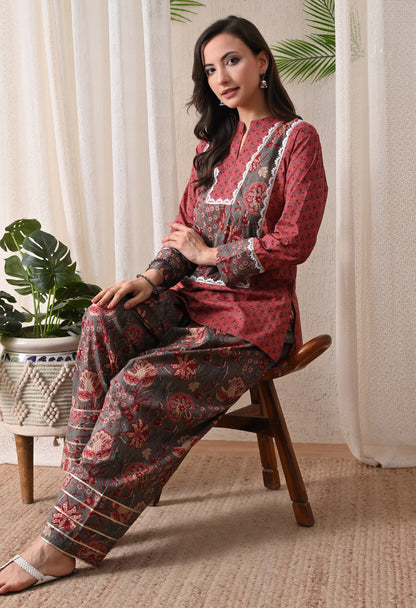 Rustic Rose & Charcoal Block Print Farshi Salwar Set