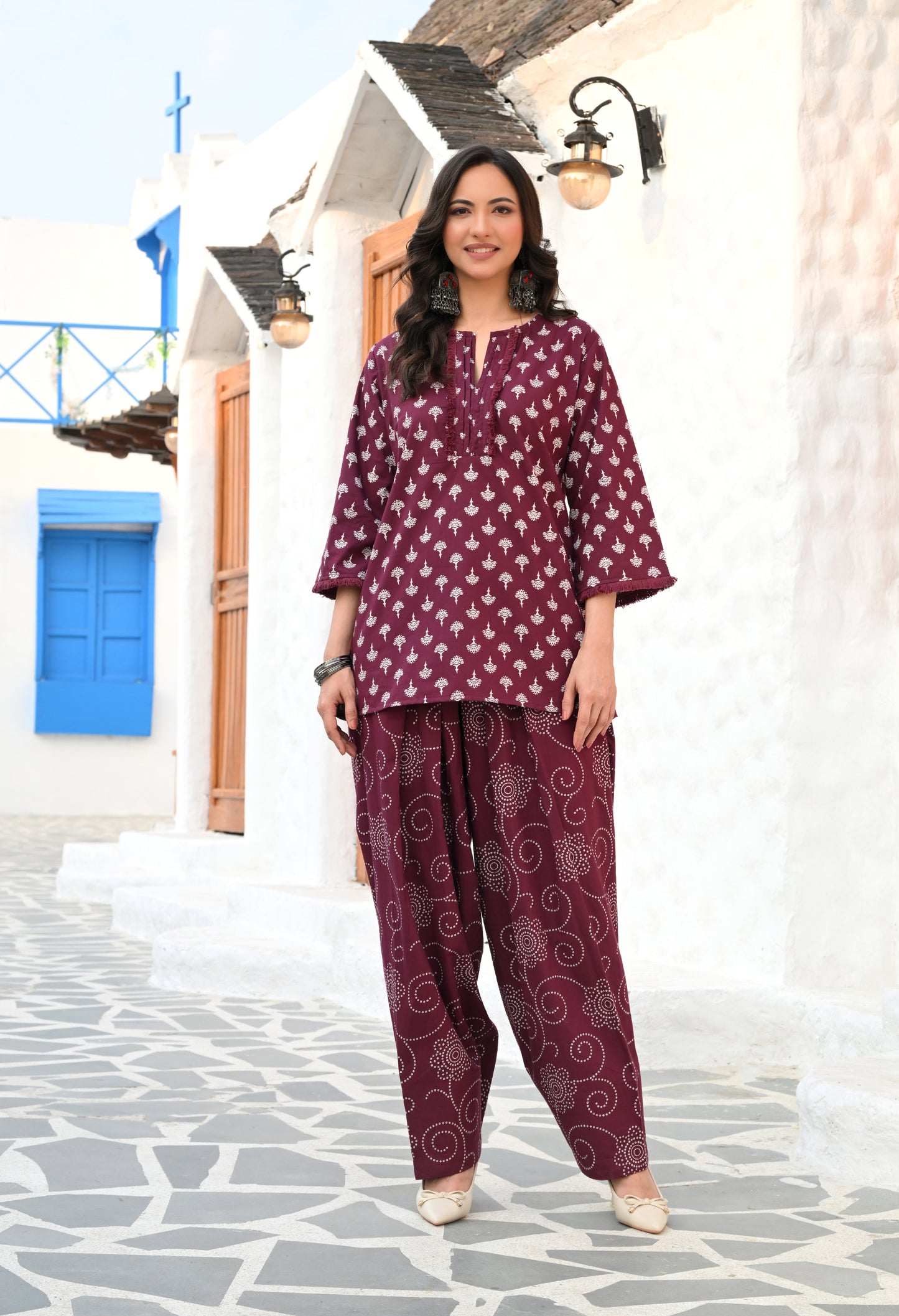 Wine Purple Floral Hand-Block Cotton Co-ord Set – Farshi Salwar Ethnic Wear